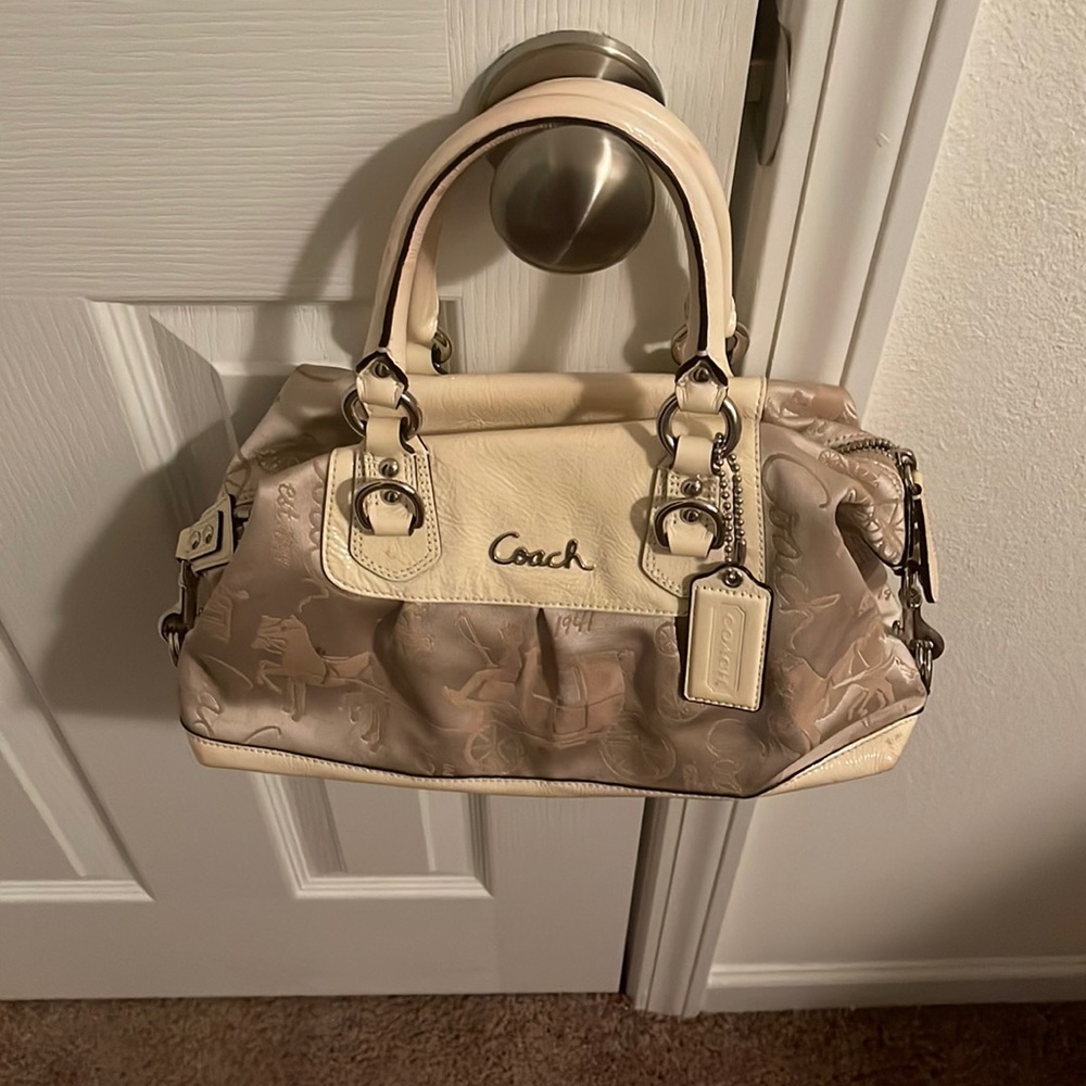 Tan and cream Coach fabric and Leather bag.